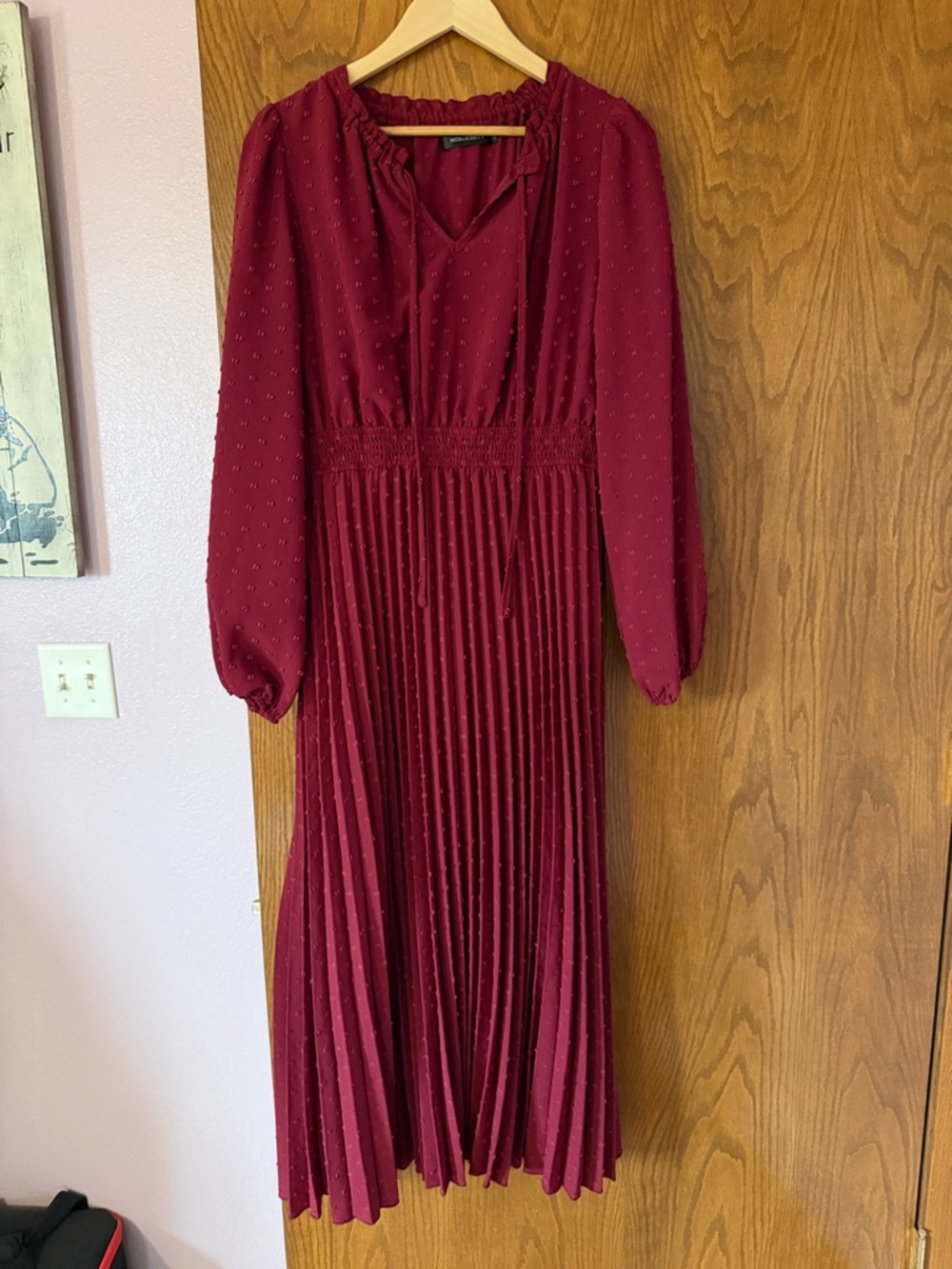 Long-Sleeve Burgundy Pleated Midi Dress with Smocked Waist
